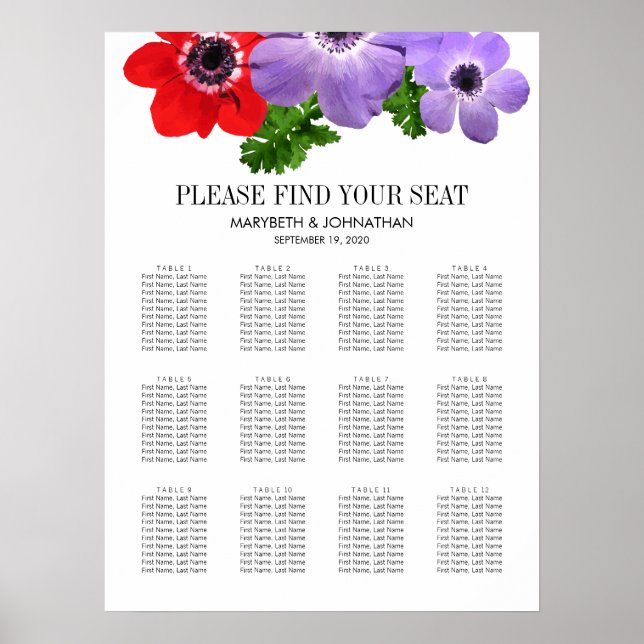 Sätesdiagram för vattenfärg Anemone Blommigt Bröll Poster (Framsidan)