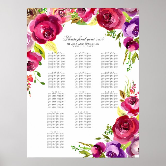 Sätesdiagram över Fuchsia Rosa Blommigt Vår bröllo Poster (Framsidan)