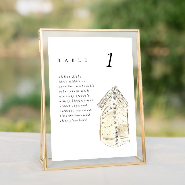 Sätesschema för plattan Byggnad New York Bröllop (Watercolor Flatiron Hotel chic New York City skyline wedding table number cards.)
