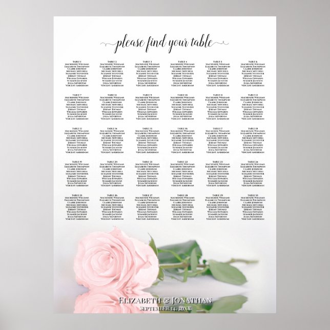 Sätesschema för Romantiska Rosa ros 30 Bord Bröllo Poster (Framsidan)