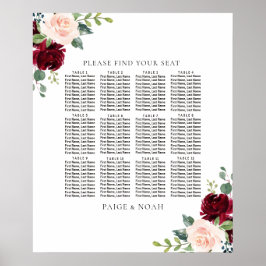  sätesschemat för Burgundy Blommigt Bord Bröllop Poster