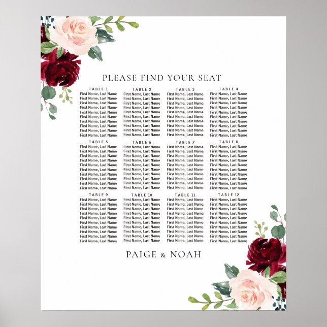  sätesschemat för Burgundy Blommigt Bord Bröllop Poster (Framsidan)
