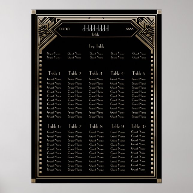 Sätesschemat för Faux Guld Art Deco Gatsby Bröllop Poster (Framsidan)