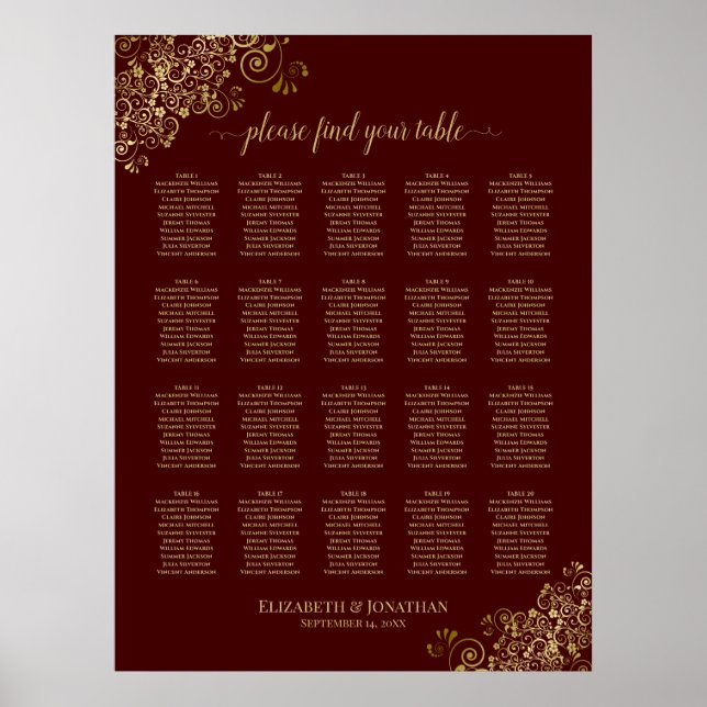 Sätesschemat Lacy Guld 20 Bord Auburn Bröllop Poster (Framsidan)