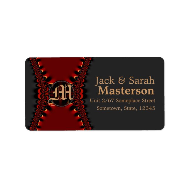 Satin Gotisk Monogram Röd+Svart Adressetikett (Framsidan)