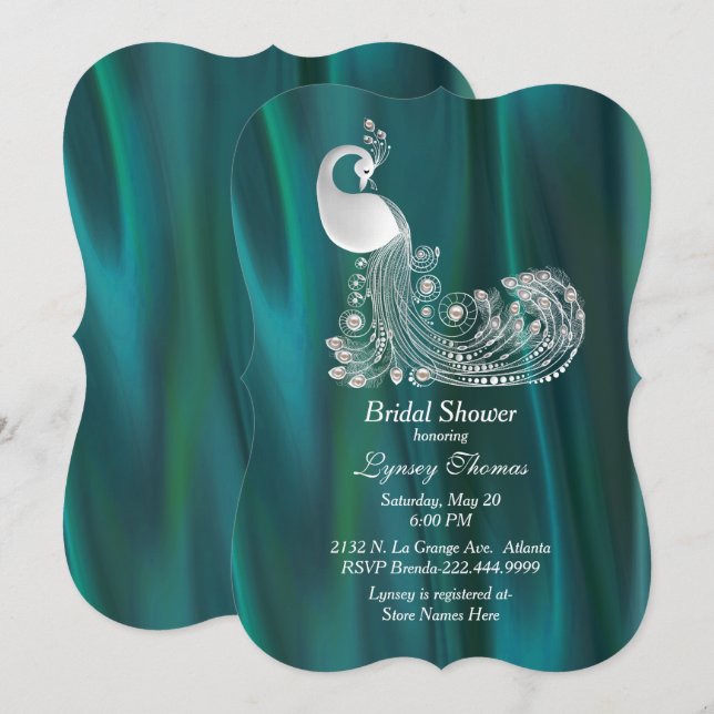 Satin med vit Peacock Möhippa Inbjudningar (Fram/baksida)