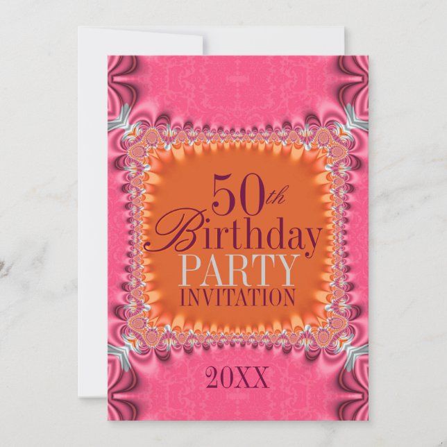 Satin Orange Rosa Damask  50-års Födelsedagsinbjud Inbjudningar (Framsida)