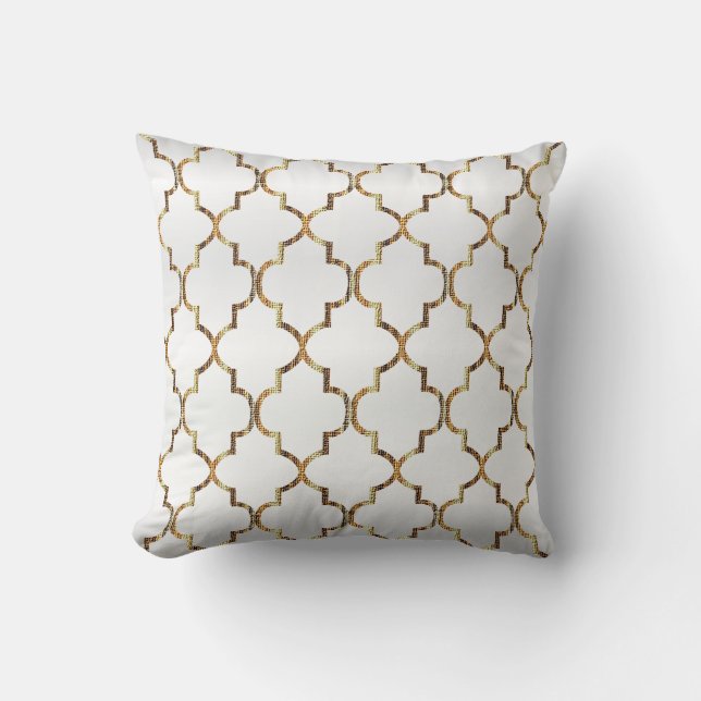 Satin Vit & Guld Quatrefoil Mönster Kudde (Framsida)