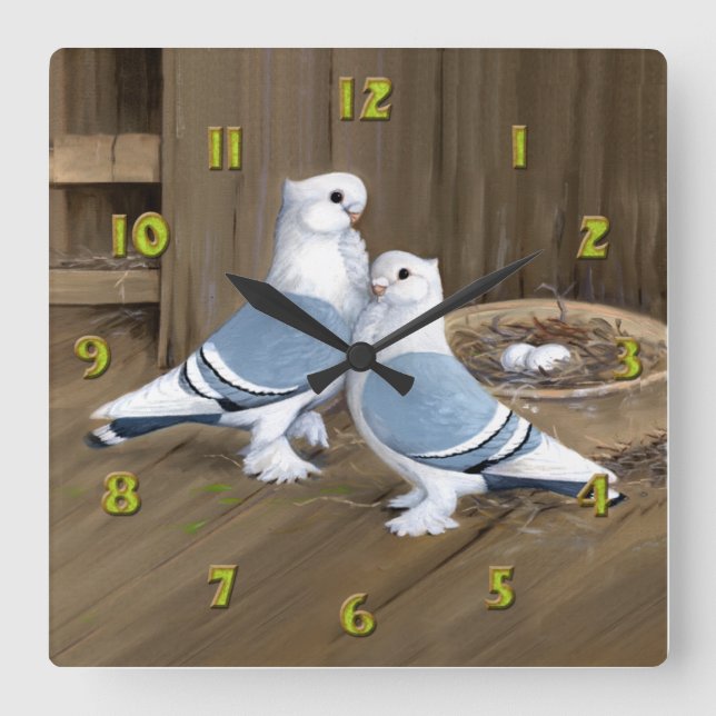 Satinette Frill Pigeons Clock Fyrkantig Klocka (Framsida)