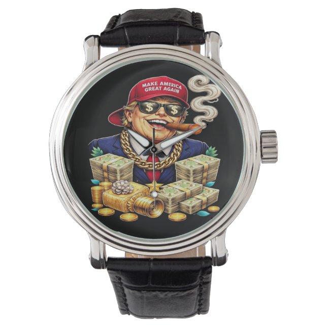 Satirical MAGA Billionaire Cartoon — Retro Pop Art Armbandsur (Framsida)