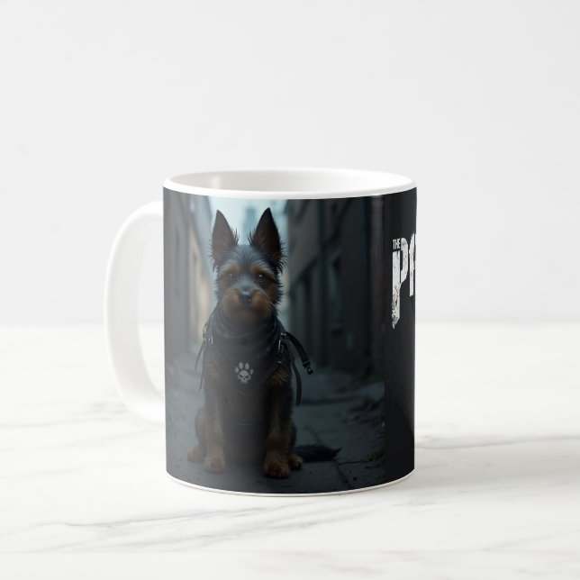 Satiriska Pawnisher Vigilante Terrier Parody Kaffemugg (Framsida vänster)