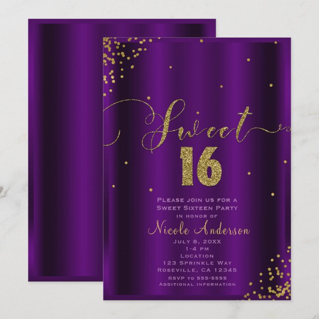 SÄTT 16 Sexton Violetta & Guld Konfetti Hörnor Inbjudningar (Fram/baksida)