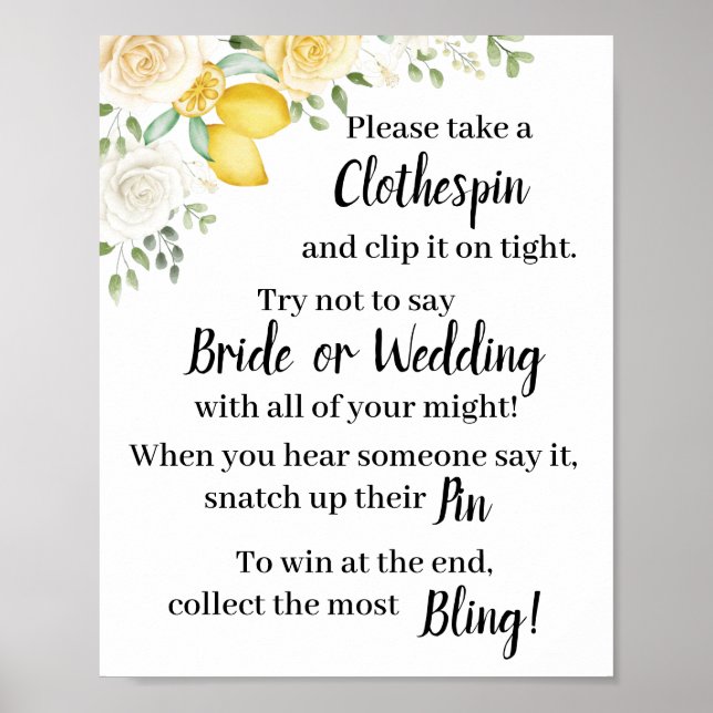 Sätt en klädnypa Citroner & Rosor Duschspelsskylt Poster (Framsidan)