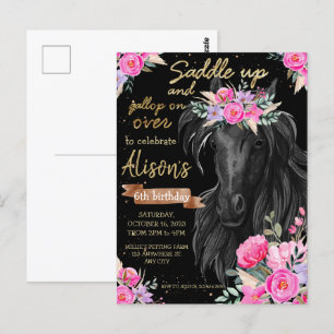 Sätt i sadeln guld Svart häst Cowgirl Födelsedag Vykort