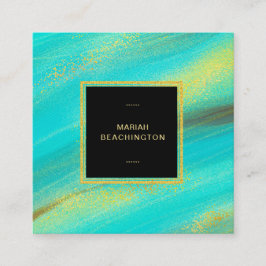 Sätta en klocka på guldstoft- och turkosglitter fyrkantigt visitkort