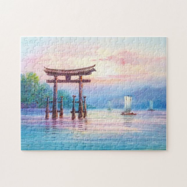 Satta Miyajima Torii och Sailboat japanese art Pussel (Horisontell)