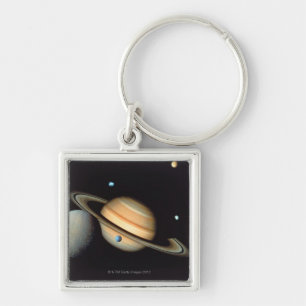 Saturn och satelliter fyrkantig silverfärgad nyckelring