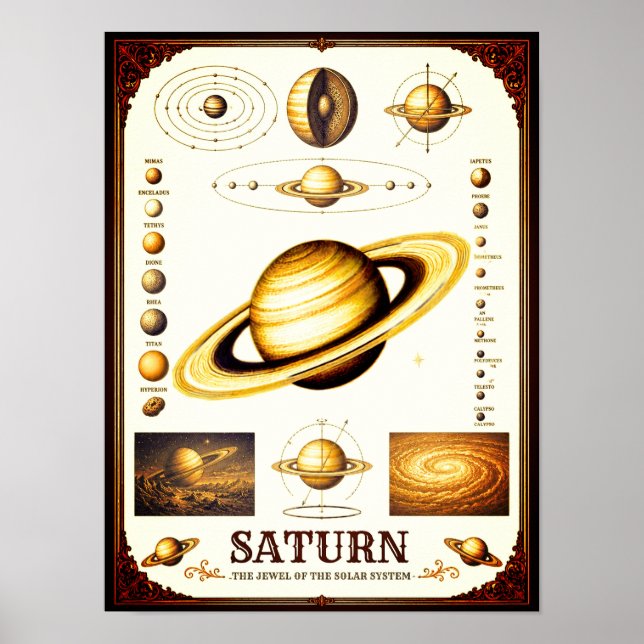 Saturnus & dess månar Astronomisk karta Poster (Framsidan)