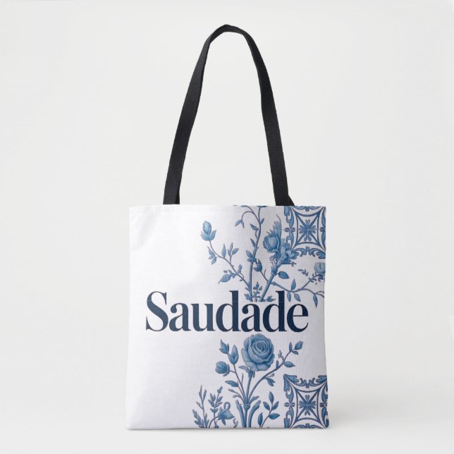 Saudade portugisisk handväskor – Blå Azulejo Blomm Tygkasse (Framsida)