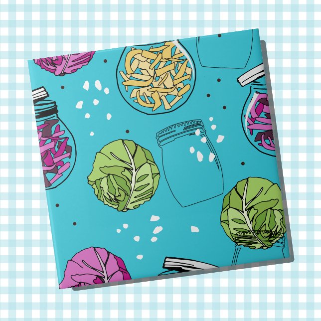 Sauerkraut Cabbage Fermenting Illustration Kakelplatta (Sauerkraut ingredients patterned wall tile)