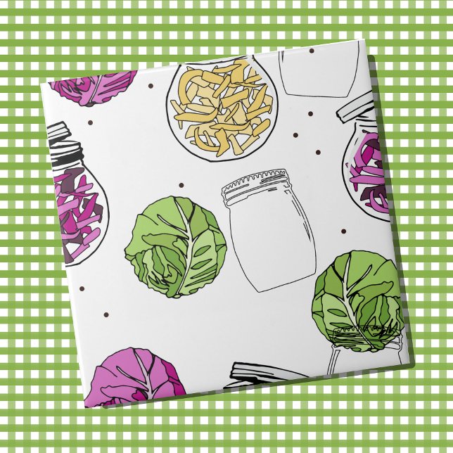 Sauerkraut Cabbage Fermenting Illustration Kakelplatta (Sauerkraut cabbages fermenting pattern wall tile)