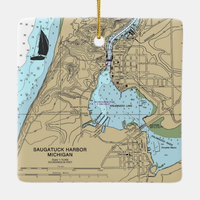 Saugatuck Douglas MI Nautical Chart Julgransprydnad Keramik (Baksida)