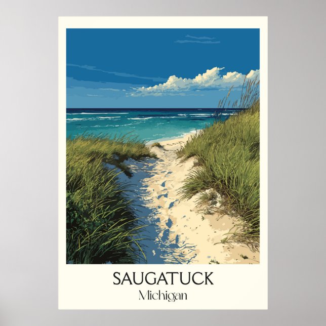 Saugatuck Michigan Vintage Dune Beach Travel Art Poster (Framsidan)