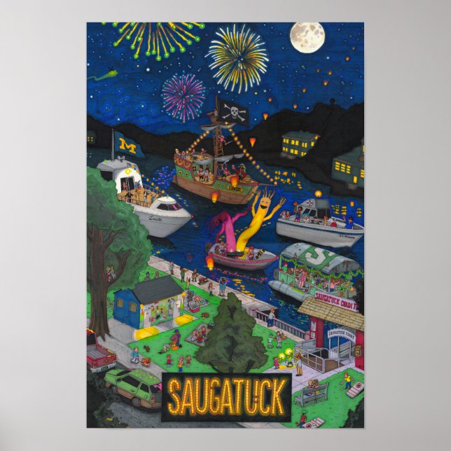 Saugatuck Natt Poster (liten 13-tums x 19-tums) (Framsidan)