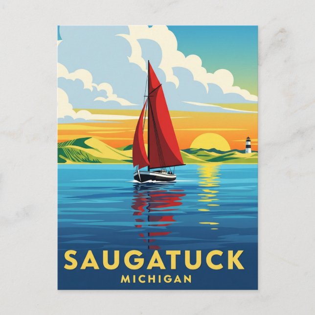 Saugatuck Sailboat Michigan Travel Vykort (Framsida)