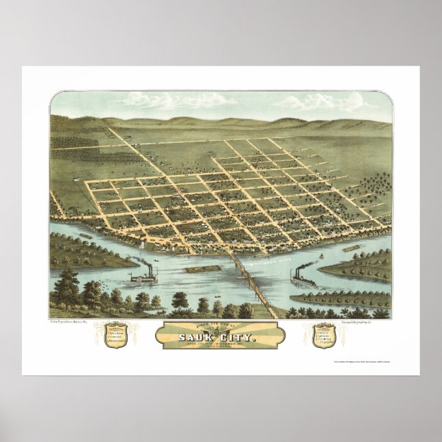 Sauk City, WI Panoramic Karta - 1870 Poster (Framsidan)