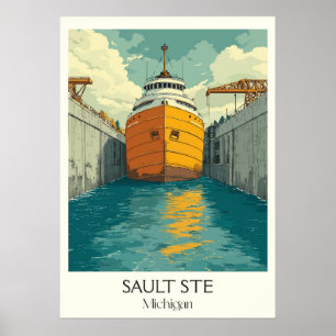 Sault Ste. Marie MI Vintage Soo Locks Frakt Art Poster