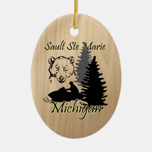 Sault Ste Marie Michigan Snowmobile Bear Ceramic Julgransprydnad Keramik (Framsidan)