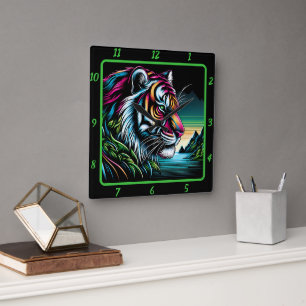 Savage Neon Tiger Artwork Fyrkantig Klocka