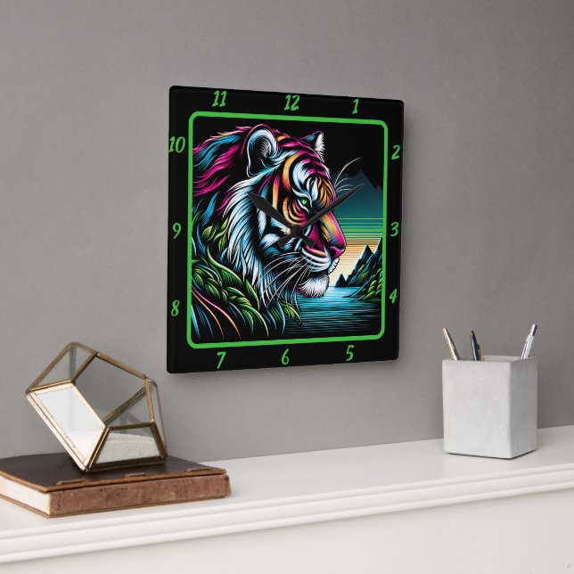 Savage Neon Tiger Artwork Fyrkantig Klocka (Kontor)
