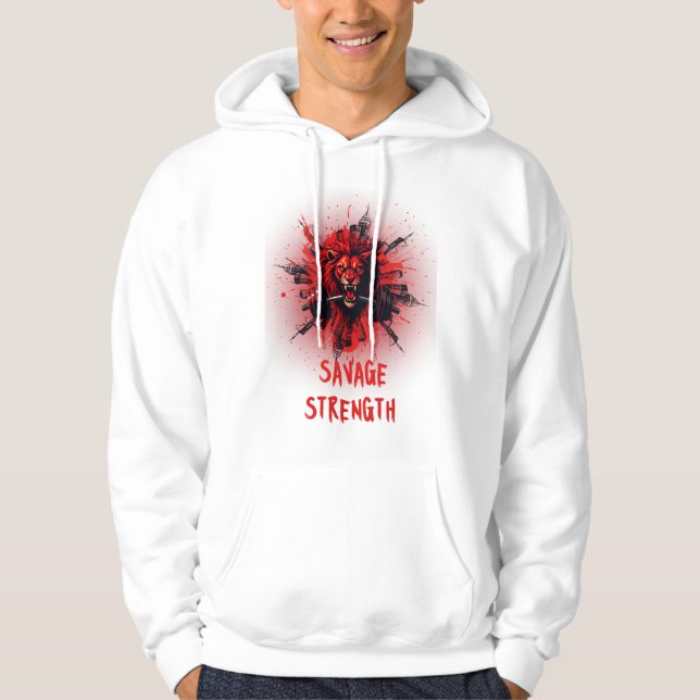 Savage Strength - Raring Red Lejon med Barbell Gy Hoodie (Framsida)
