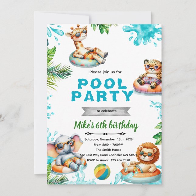 Savanna Animals Pool Party Birthday Invitation Inbjudningar (Framsida)