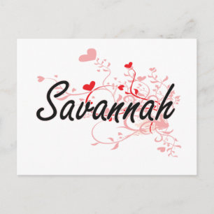Savannah Artistic Namn Design with Hearts Vykort