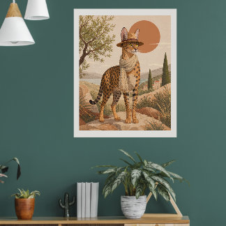 Savannah Cat Explorer Boho Väggkonsttryck Safari Poster