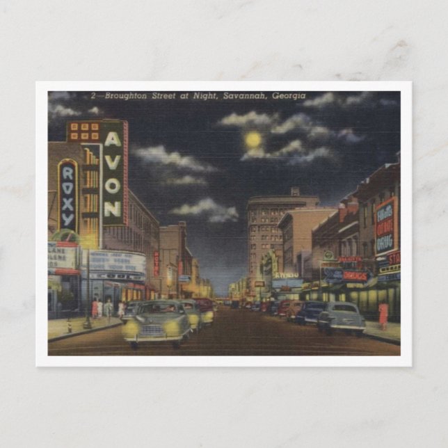 Savannah GA, Broughton St, 1940s View Vykort (Framsida)