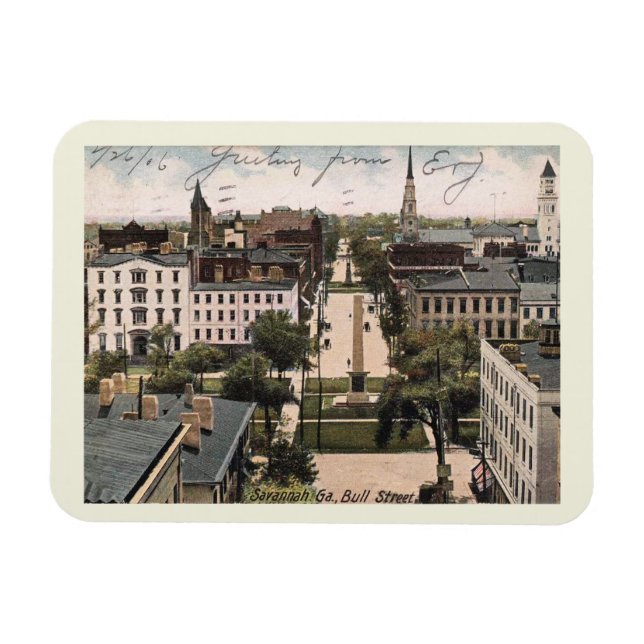 Savannah GA, Bull St View, Vintage 1906 Magnet (Horisontell)