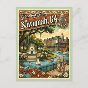Savannah GA Hälsningar Vintage Stil 1970-talet Vykort