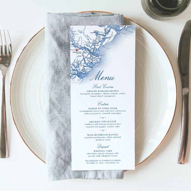 Savannah GA Karta Elegant Navy Blue Bröllop Meny (Savannah Georgia Map Wedding Menu in Elegant Navy Blue from Coastal Map Designs)