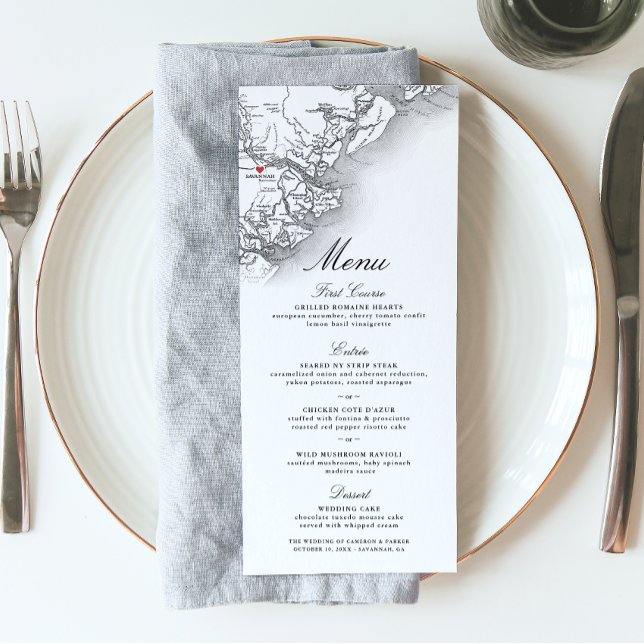 Savannah GA Karta Elegant Svarta Bröllop Meny (Savannah GA Map Wedding Menu in Elegant Black and White from Coastal Map Designs)