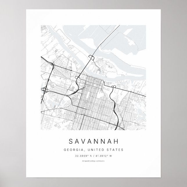 Savannah GA Minimalistisk Stadskarta Konsttryck Poster (Framsidan)