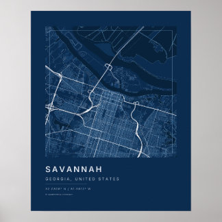 Savannah GA Navy Blue Stadskarta Konsttryck Poster