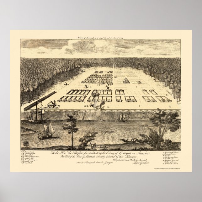 Savannah, GA Panoramic Karta - 1734 Poster (Framsidan)