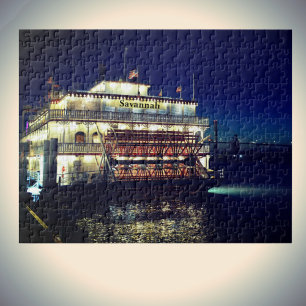 Savannah GA Riverboat på nattfoto Pussel