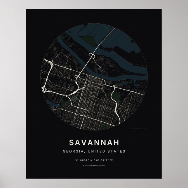 Savannah GA Svart Stadskarta Konsttryck Poster (Framsidan)