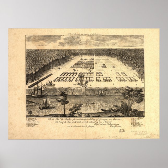 Savannah Georgia 1734 Antique Panoramic Karta Poster (Framsidan)
