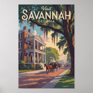 Savannah Georgia Horse Carriage Illustration Retro Poster